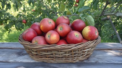 A basket filled with fresh red apples on a wooden table, surrounded by greenery.