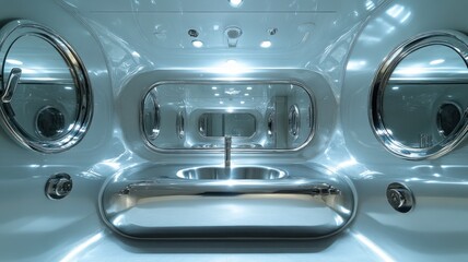 Obraz premium Sleek, modern bathroom interior with metallic fixtures and lighting.