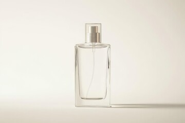 A mockup of a plain spray perfume bottle with a minimalist and warm background