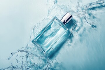 A mockup of a plain spray perfume bottle with a background of flowing fresh water splashing the bottle.