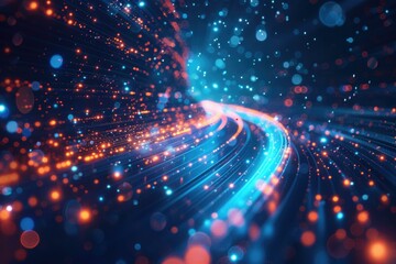 Fototapeta premium optical fibres dinamic flying from deep on technology background