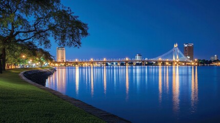 Serene Night View of Cityscape and Bridge Reflections