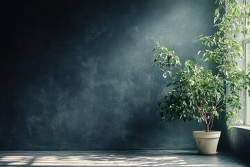 A potted plant in a minimalist room with sunlight streaming through a window.