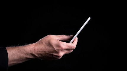 Hand Holding Modern Smartphone Against Black Background in a Crisp and Minimalistic Style, Showcasing Touchscreen Technology and User Interaction