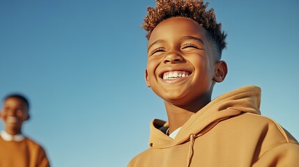 Joyful Young Boy Smiling Brightly Outdoors with Beautiful Blue Sky in Background, Capturing Happiness and Childhood Innocence in Natural Light
