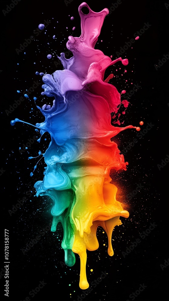 Poster A colorful splash of paint in the shape of a flame against a black background.