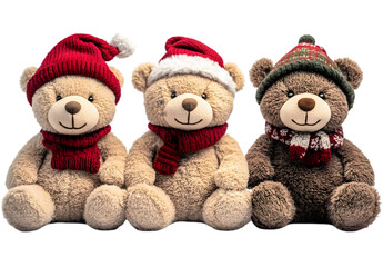 Obraz premium Three teddy bears wearing Santa hats and scarves isolated on transparent background. png.