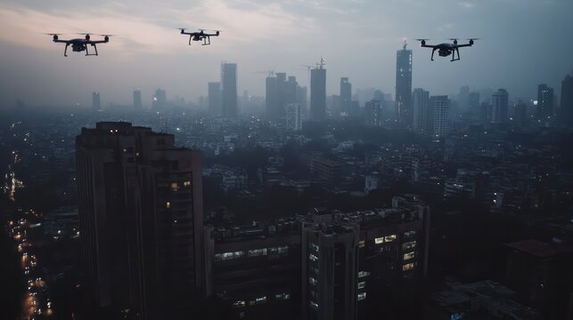 Drone traffic management over Mumbai. India. operators tracking drones in busy city airspace.