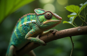 Fototapeta premium a detailed moment of a chameleon clinging to a branch in its natural environment
