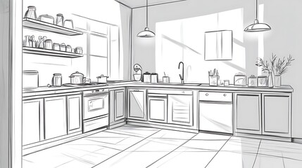 A sketch of a modern kitchen with shelves and natural light.