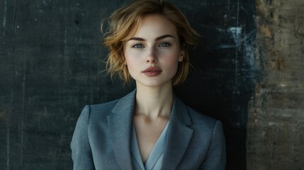 Fototapeta premium Confident woman wearing a gray blazer captured in a portrait shot