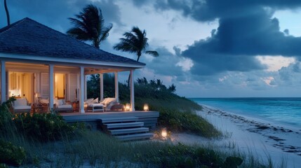 Fototapeta premium Serene Beach House at Dusk Near Calm Ocean