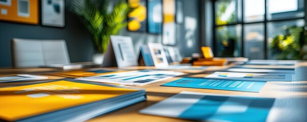 Array of brand identity materials, catalogs, and product brochures on a boardroom table