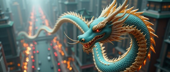 Obraz premium Blue and gold dragon with glowing eyes flying over a city street. Futuristic fantasy concept in urban environment