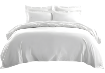 White bed with messy sheets on transparent background, png.