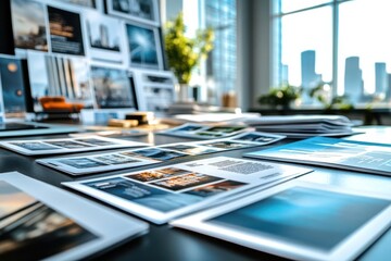 Stylish printed materials and product brochures neatly spread across a sleek table