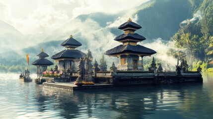 Obraz premium Serene Temple on the Water Surrounded by Mountains