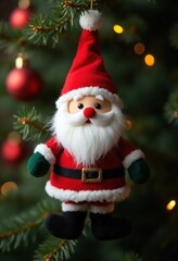 Plush santa claus ornament on artificial pine branch