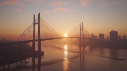 Obraz premium Sunset Over City Bridge with Reflection on Water