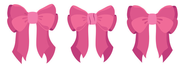 Vector Illustrations of soft pink vintage bow set. Bow for girly hair decor, flat icons. Ribbons isolated. Trendy girls accessories. Cute hairstyle elements collection.Simple handdrawn pink ribbon bow
