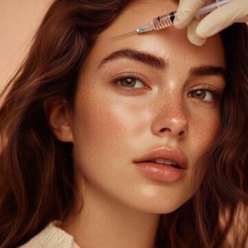 Close-up beauty injection on woman's forehead for cosmetic enhancement treatment