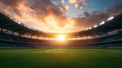 Sunset Over an Empty Stadium with Green Grass Field