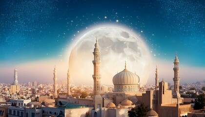 Naklejka premium The majestic minaret of the ancient mosque pierces the night sky, a testament to centuries of Islamic architecture and culture