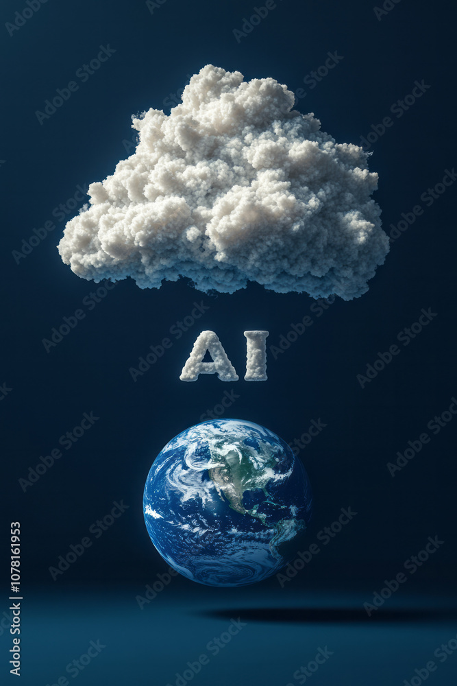 Aufkleber Simple design of AI shaped like a cloud, hovering above a small, minimal Earth, casting a subtle shadow,