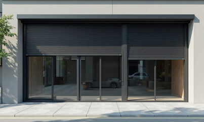 view of a modern building with large windows and sleek black roller shutters, minimalist architecture with clean lines and a smooth facade