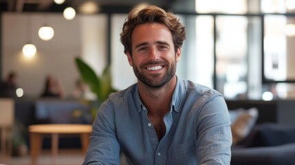 Obraz premium Smiling businessman seated in a modern and well-lit office