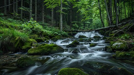 Obraz premium Serene Forest Stream with Lush Greenery and Flowing Water - Tranquil Nature Photography
