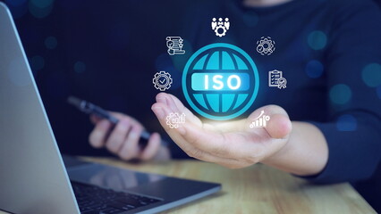 ISO standards quality control, assurance and warranty business technology concept. Quality management improvement. Standardization, certification concept. Compliance to regulations and standards.