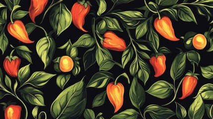 Red and orange peppers with green leaves on a black background.