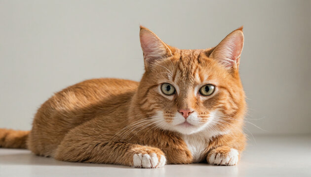 A ginger cat lies on a white surface, staring intently at the camera with large, green eyes - Powered by Adobe