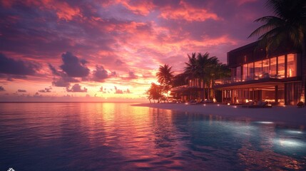 Stunning Tropical Beach Sunset with Luxurious Modern Villas and Palm Trees Reflecting on Calm Ocean Waters