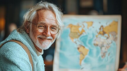 A cheerful elderly man smiling in front of a world map, showcasing travel and exploration spirit.