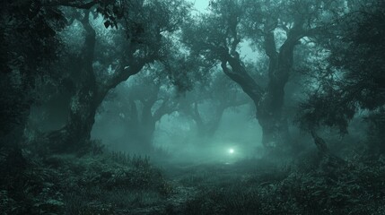Fototapeta premium Mysterious Foggy Forest With Glowing Light in the Distance