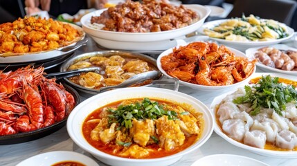 Obraz premium A table overflowing with a variety of Chinese dishes, including shrimp, dumplings, and noodles, showcasing a feast of delicious food for a celebration or gathering.