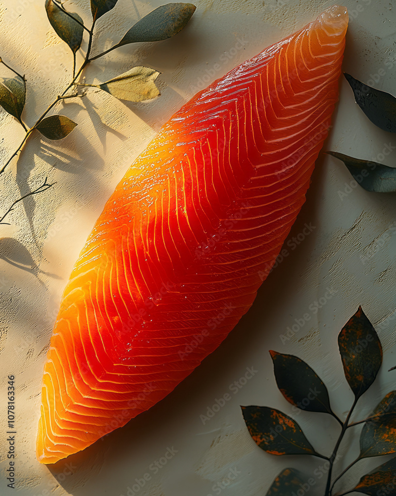 Poster Simple, clean presentation of a red fish fillet with subtle shadows on a light background, emphasizing its shape,