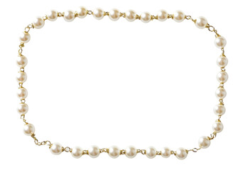 Square gold frame with a few strings of pearls isolated on transparent background, png.