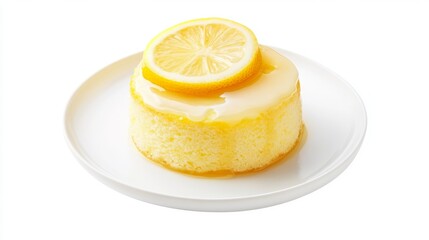 29.A perfectly baked lemon cake served on a plain white plate, topped with a light lemon glaze and garnished with lemon slices. The cake's delicate sponge texture is visible, with a slightly crisp