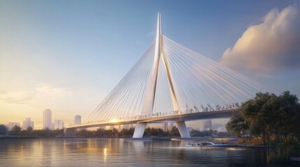 Fototapeta premium Modern Bridge Over Water at Sunset with City View