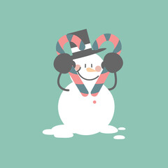 merry christmas and happy new year with cute snowman and candy cane, flat vector illustration cartoon character costume design