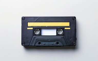 Obraz premium Old audio cassette isolated on grey background. Retro music poster, vintage culture, nineties nostalgia, throwback, old school, memories, youth. 90s analogue technologies, non digital
