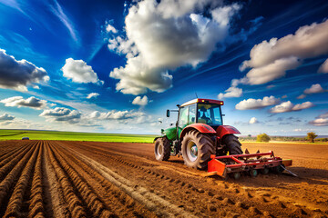 Obraz premium Tractor plows a field on a bright day