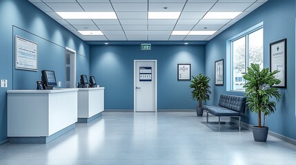 Fototapeta premium Modern medical clinic waiting area with a white reception desk, blue walls, a bench, two plants, and an exit door.