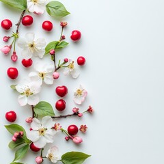Obraz premium Fresh Cherries and Cherry Blossoms on a White Background