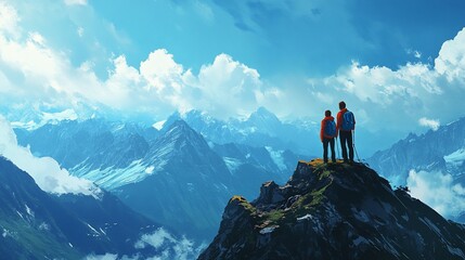 A couple stands on a mountain peak, overlooking a vast, snow-capped mountain range, enjoying the stunning views on a bright, sunny day.
