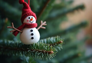 Small snowman ornament on a pine branch