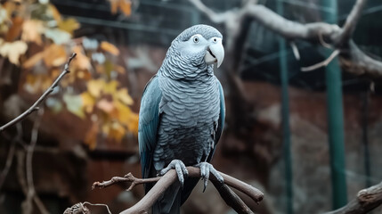 Obraz premium Close-up of an African Grey Parrot perched on a branch in natural habitat with blurred autumn foliage background.
